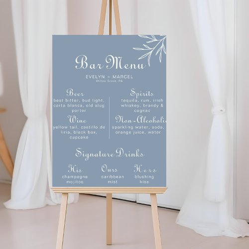 Formal Minimal Dusty Blue Wedding Bar Menu Poster