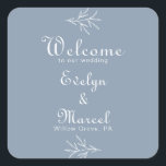 Formal Minimal Dusty Blue Wedding Welcome  Square Sticker<br><div class="desc">This formal minimal dusty blue wedding welcome square sticker is perfect for a rustic wedding. The design features watercolor wild herbs in a dusty blue background.</div>