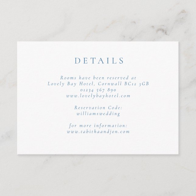 Formal Minimalist Blue and White Wedding Details Enclosure Card (Front)