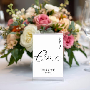 Formal Minimalist Script Black & White Wedding Table Number