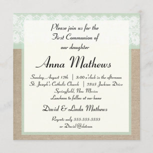 Formal Mint Burlap First Communion Invitation