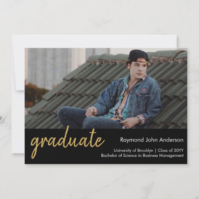 Formal Modern Black Gold Script Photo Graduation Announcement (Front)