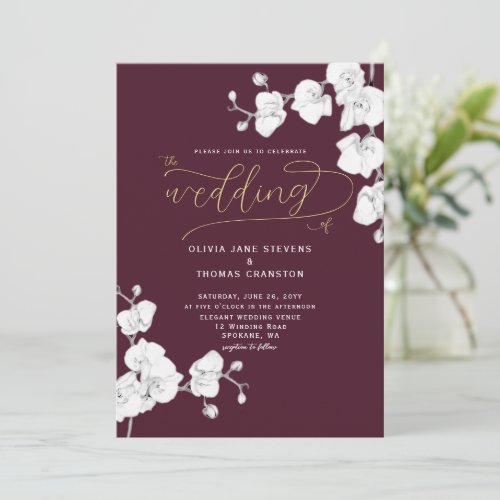 Formal Modern Burgundy Orchids All in One Wedding Invitation