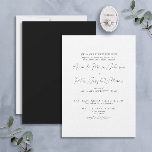 Formal Modern Calligraphy Black  White Wedding Invitation