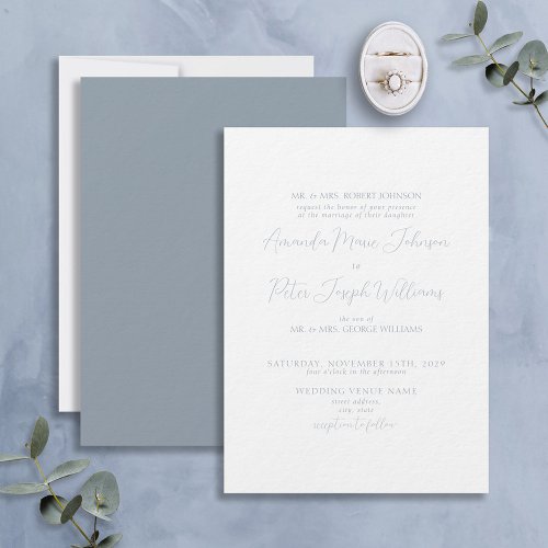 Formal Modern Calligraphy Dusty Blue Wedding Invitation