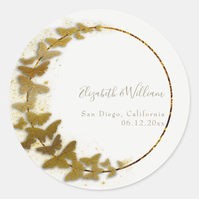 Formal Modern Classic Boho Gold Butterfly Wedding Round Sticker (Front)