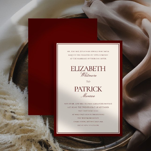 Formal Modern Classic Deep Burgundy Estate Wedding Invitation (deep burgundy wedding invitation quiet luxury old money double frame formal modern classic parents)