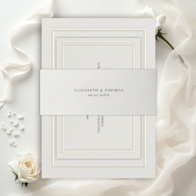 Formal modern classic ecru wedding invitation belly band — watercolour texture — Pencil Owl Studios