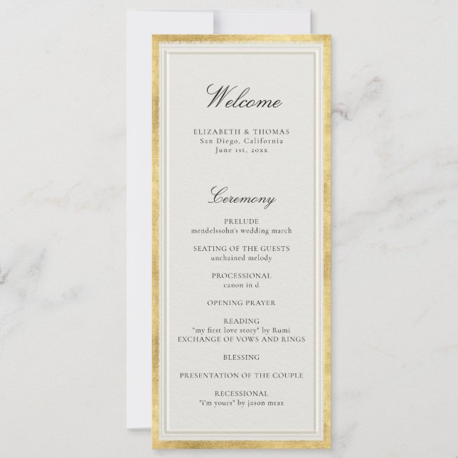 Formal Modern Classic Ecru Gold Wedding Program (Front)