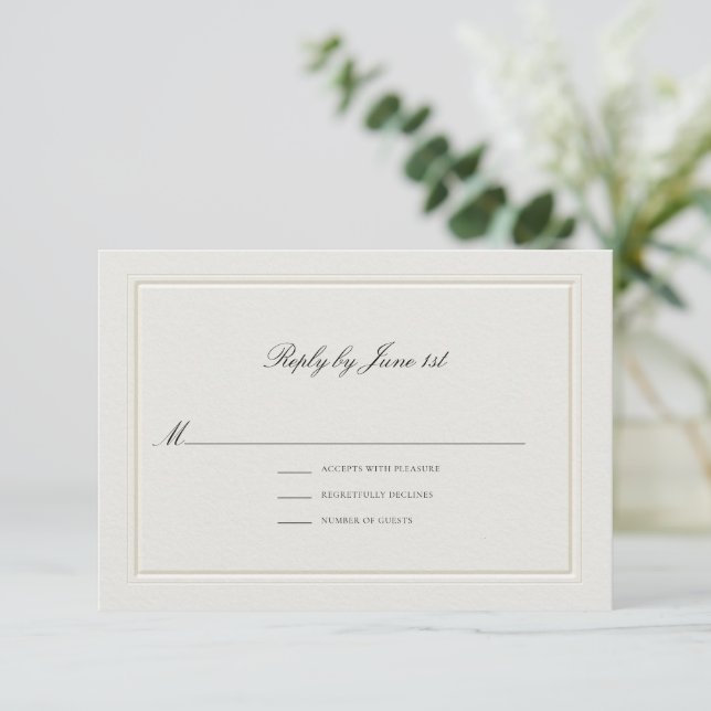 Formal Modern Classic Elevated Ecru Sm Wedding RSVP Card (Standing Front)