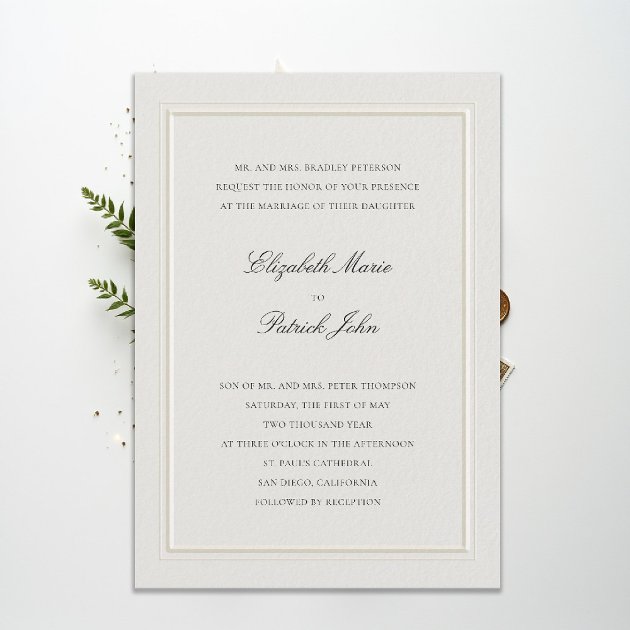 Formal modern classic elevated ecru wedding invitation — double frame calligraphy — Pencil Owl Studios