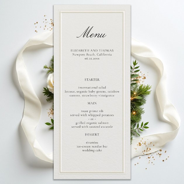 Formal modern classic elevated ecru wedding menu — double frame calligraphy — Pencil Owl Studios