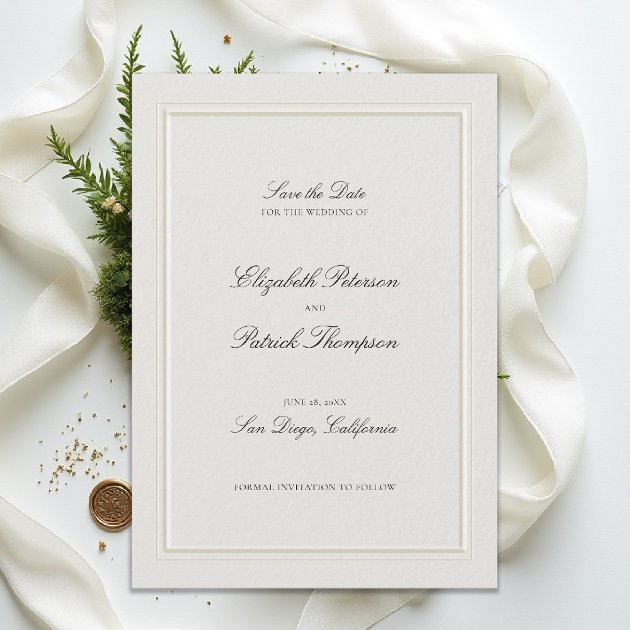 Formal modern classic elevated ecru wedding save the date — double frame calligraphy — Pencil Owl Studios