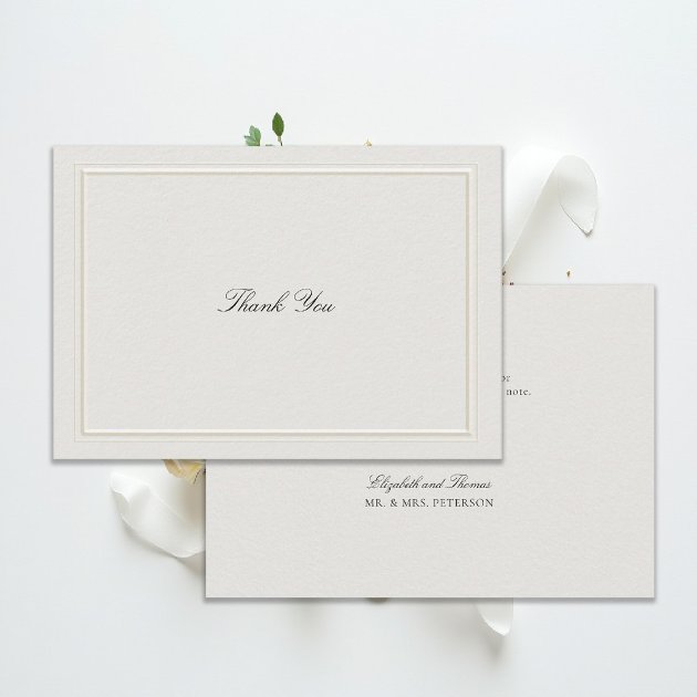 Formal modern classic elevated ecru wedding thank you card — double frame calligraphy — Pencil Owl Studios