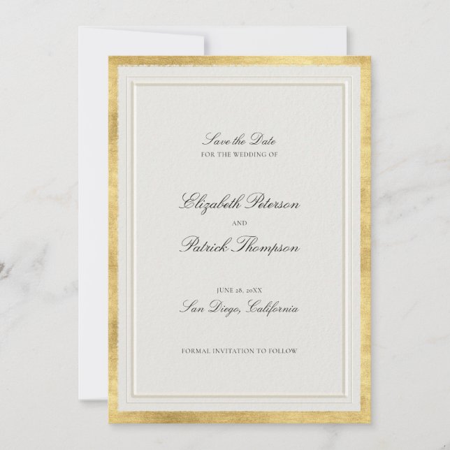 Formal Modern Classic Elevated Gold Ecru Wedding Save The Date (Front)