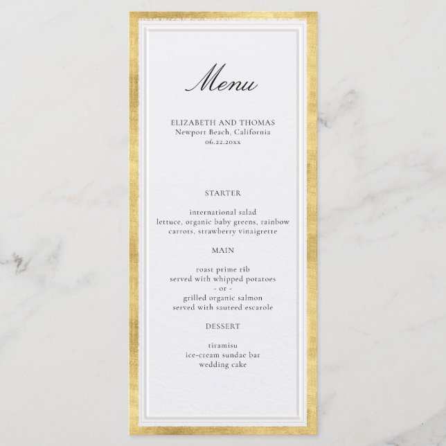 Formal Modern Classic Elevated Gold Pearl Wedding Menu (Front)