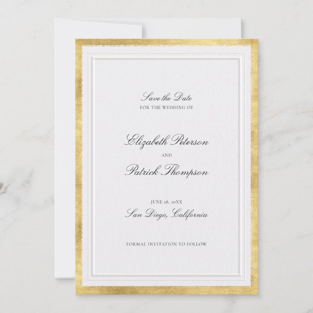 Formal Modern Classic Elevated Gold Pearl Wedding Save The Date (Front)