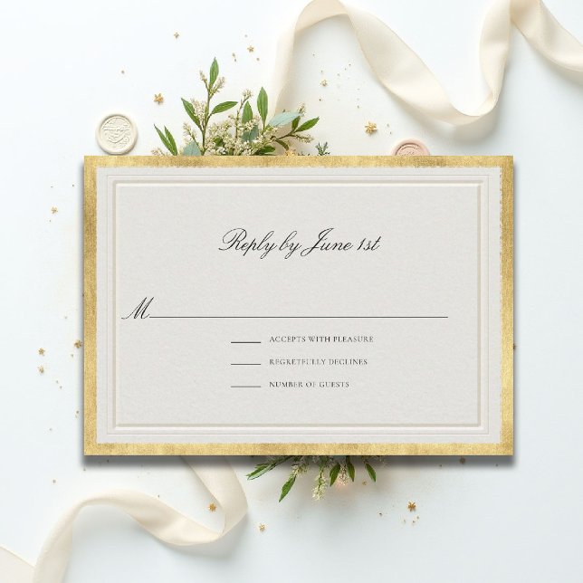 Formal Modern Classic Elevated Golden Ecru Wedding RSVP Card (formal traditional wedding RSVP response modern classic double frame gold ballroom black tie ecru)