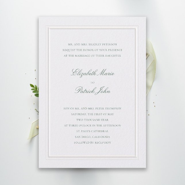 Formal Modern Classic Elevated Green Pearl Wedding Invitation (modern classic wedding invitation forest green type double frame pearl formal traditional stately)