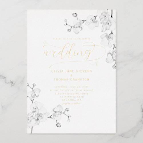 Formal Modern Classic Ivory Orchids Floral Wedding Foil Invitation