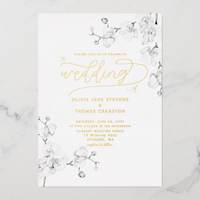 Formal Modern Classic Ivory Orchids Floral Wedding Foil Invitation (Front)