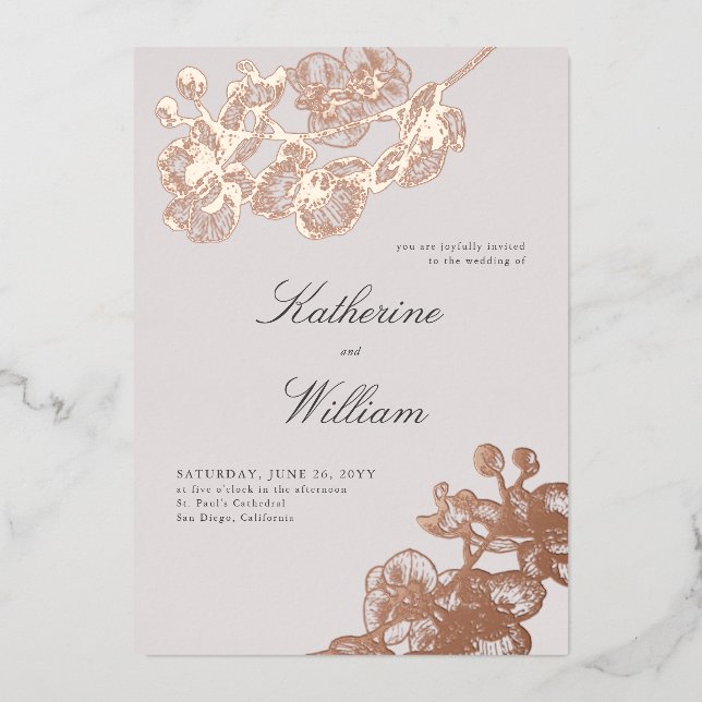 Formal Modern Classic Orchids All in One Wedding  Foil Invitation (Front)
