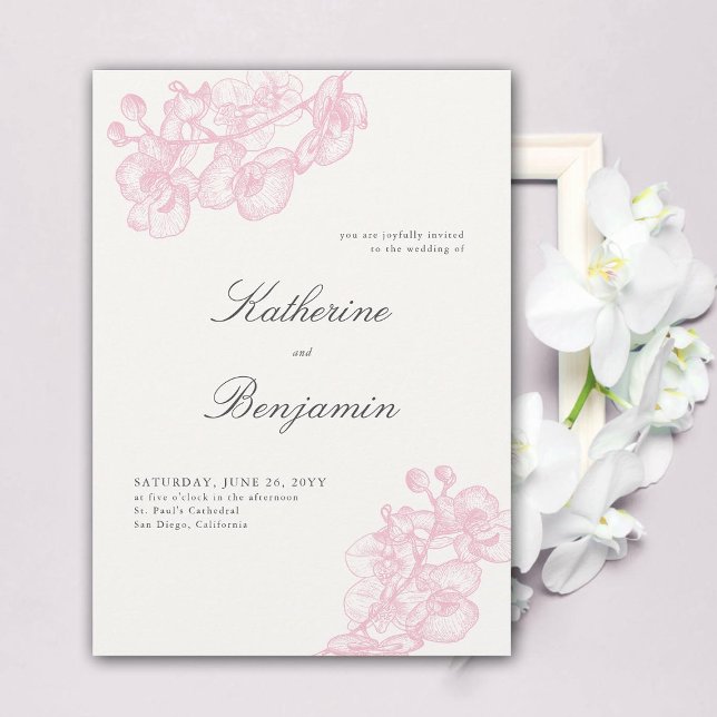 Formal Modern Classic Orchids Pink Sketch Wedding Invitation (elegant orchids wedding invitation pink floral sketch calligraphy winter summer spring fall formal)