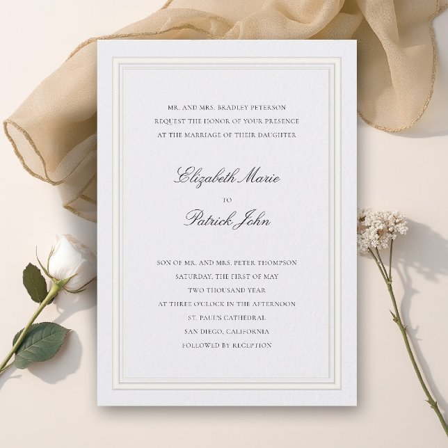 Formal Modern Classic Thick & Thin Pearl Wedding Invitation (formal wedding invitation modern classic double frame duo elegant pearl white calligraphy parents)