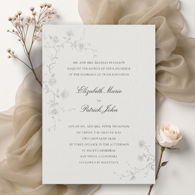 Formal Modern Classic Wild Roses Art Ecru Wedding Invitation (formal wedding invitation modern classic wild roses art sketch floral calligraphy parents host ecru)