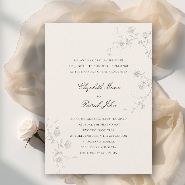 Formal Modern Classic Wild Roses Garden 2 Wedding Invitation (formal wedding invitation modern classic wild roses sketch floral calligraphy garden ecru)