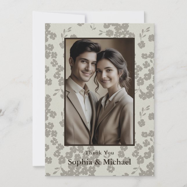 Formal Modern Floral Wedding Thank You Card Gray (Front)