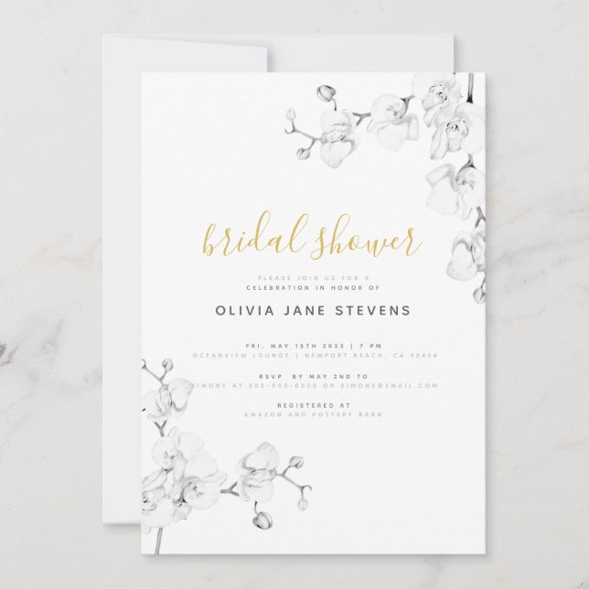 Formal Modern Gold Ivory Orchids Bridal Shower Invitation (Front)