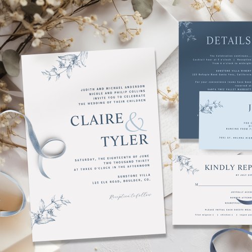 Formal Modern Minimal Typography Blue Wedding Invitation