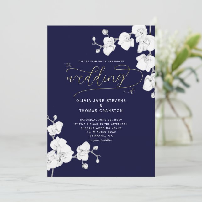 Formal Modern Navy Orchids All in One Wedding Invitation (Standing Front)