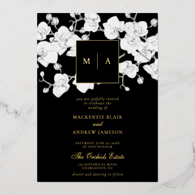 Formal Modern Orchid Wreath Monogram Black Wedding Foil Invitation (Front)