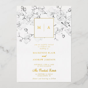 Formal Modern Orchids Wreath Monogram Wedding Foil Invitation