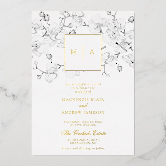 Formal Modern Orchids Wreath Monogram Wedding Foil Invitation (Front)