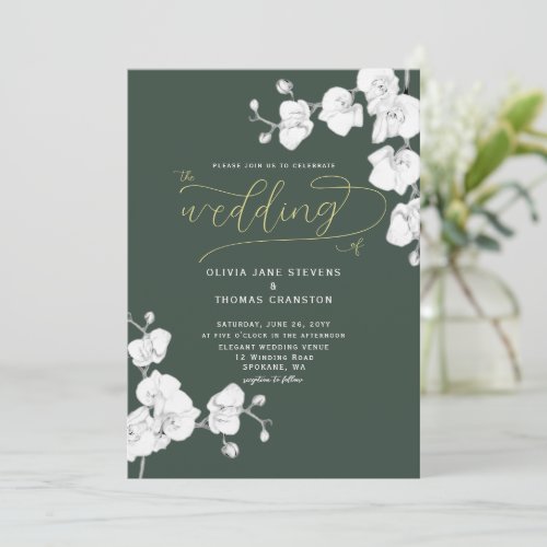 Formal Modern Sage Green Orchid All in One Wedding Invitation