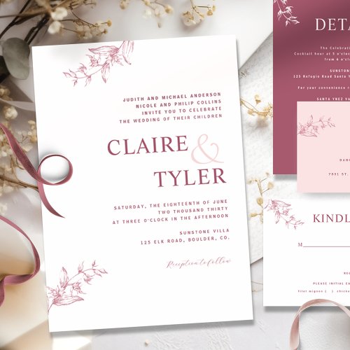 Formal Modern Typography Burgundy Pink Wedding Invitation