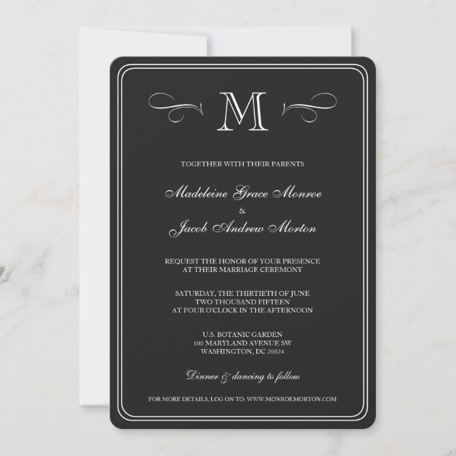 Formal Monogram | Black & White Wedding Invitation (Front)