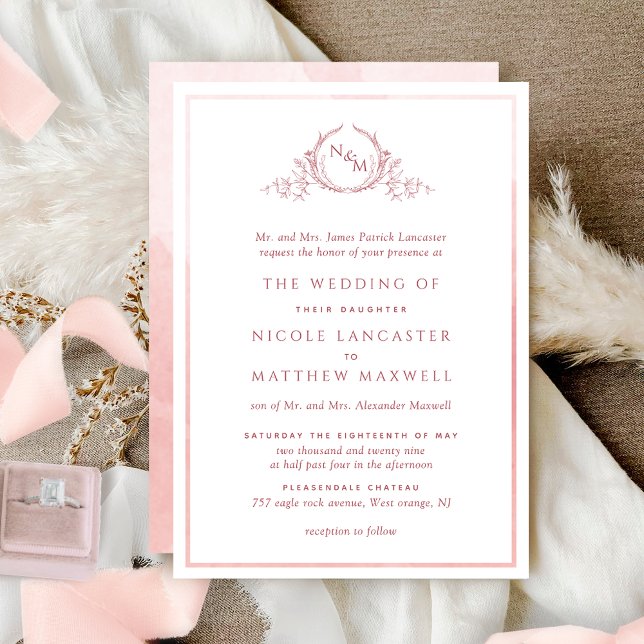 Formal Monogram Blush Pink Watercolor Wedding Invitation (Creator Uploaded)