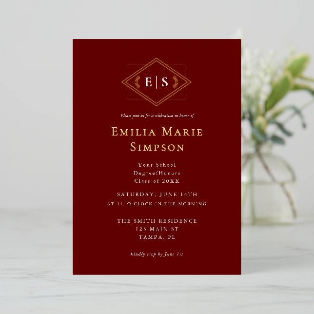 Formal Monogram Burgundy Graduation Foil Invitation (Standing Front)