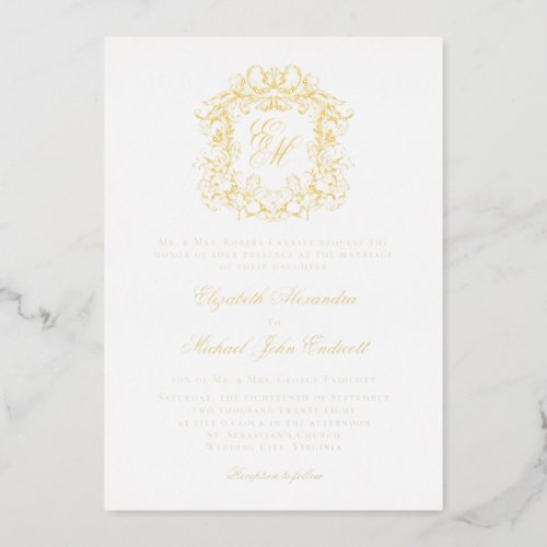 Formal Monogram Crest Elegant Wedding All Gold Foil Invitation