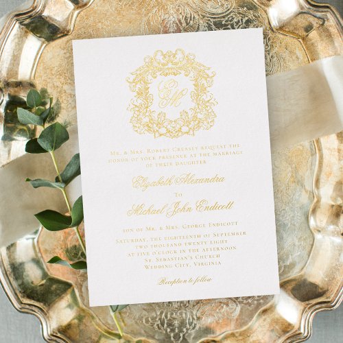 Formal Monogram Crest Elegant Wedding All Gold Foil Invitation