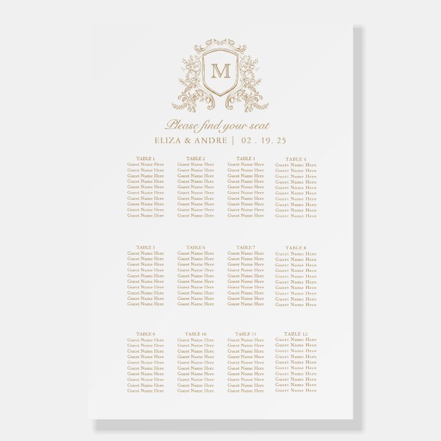 Formal Monogram Crest Gold Wedding Seating Chart Foam Board (Front)