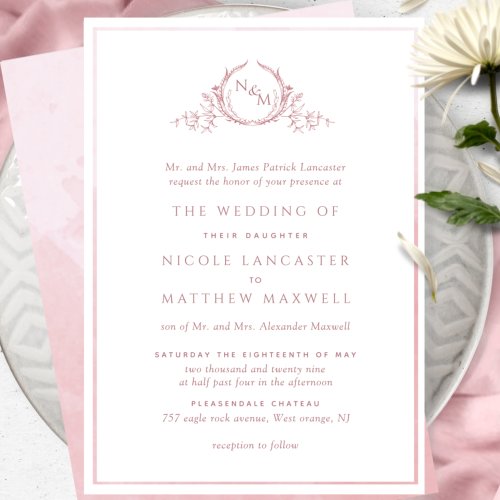 Formal Monogram Dusty Rose Watercolor Wedding Invitation