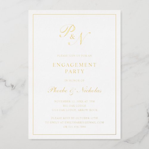 Formal Monogram Elegant Engagement Party Gold Foil Invitation