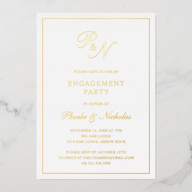 Formal Monogram Elegant Engagement Party Gold Foil Invitation (Front)