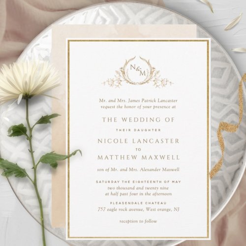 Formal Monogram Gold and Beige Watercolor Wedding Invitation
