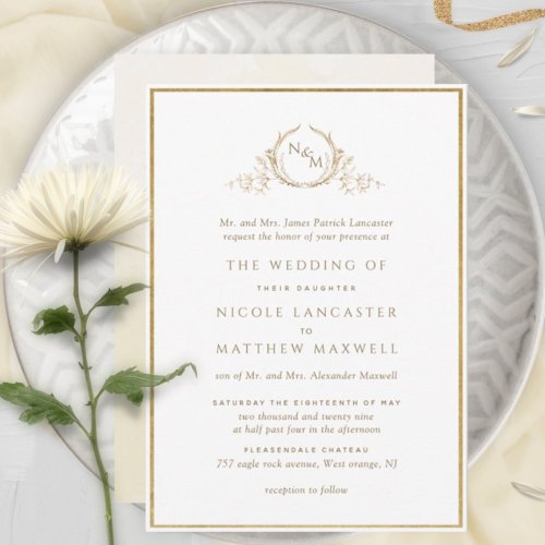 Formal Monogram Gold and Cream Watercolor Wedding Invitation
